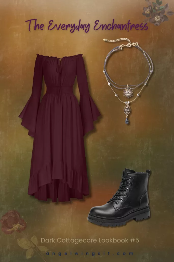 A dark cottagecore lookbook collage featuring a deep burgundy off-the-shoulder dress with flared bell sleeves and high-low hem, a layered celestial pendant necklace, and black lace-up combat boots on an earthy gradient background with floral accents.