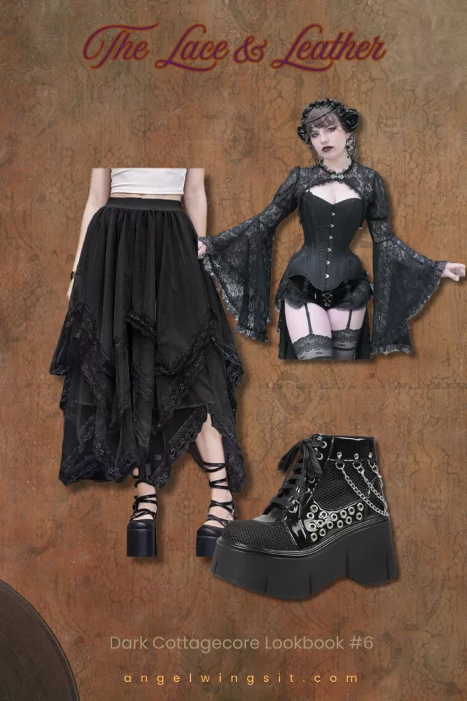 A dark cottagecore lookbook collage featuring a long layered black lace skirt, a gothic black lace corset top with flared sleeves, and black platform boots with chain and mesh details on a textured brown lace-patterned background.
