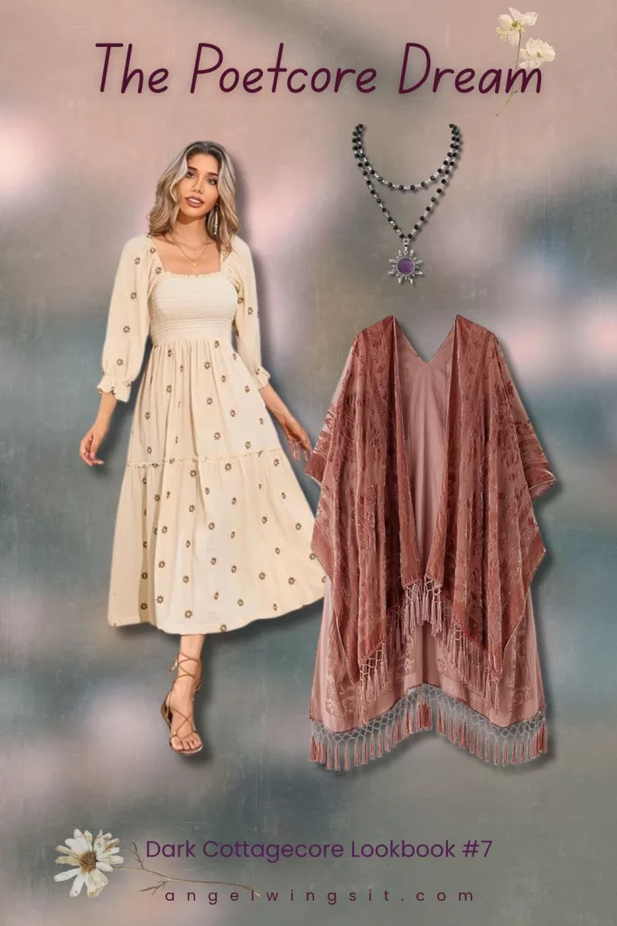 A poetcore lookbook collage featuring a cream-colored floral embroidered midi dress with smocked bodice, a mauve lace kimono shawl with fringe detailing, and a layered black bead necklace with a purple gemstone sunburst pendant on a soft dreamy pink and blue gradient background.