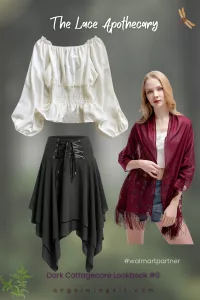 White renaissance peasant blouse paired with gothic lace skirt – dark cottagecore apothecary-inspired outfit from Walmart