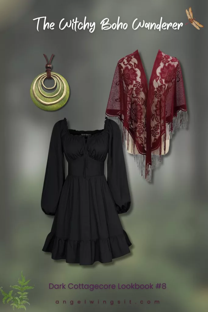 A dark cottagecore lookbook collage featuring a black long-sleeved dress with ruffled hem, a burgundy lace shawl with floral patterns and fringe, and a circular layered green ring pendant necklace on a soft greenish-grey mystical background.