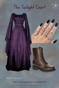 Gothic purple long dress paired with combat boots – dark cottagecore twilight-inspired outfit from Walmart