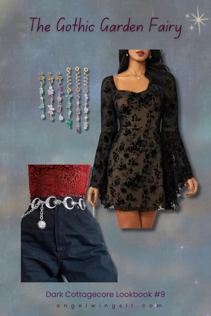 A dark cottagecore lookbook collage featuring a black velvet floral-patterned dress with flared sleeves, a silver celestial waist chain with moon and sun charms, and dangling gold earrings with pastel-colored stones on a muted gradient background with star motifs.
