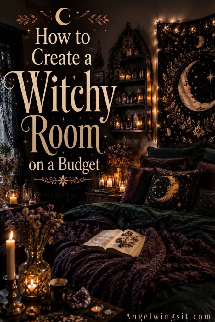 Title graphic for a blog post titled "How to Create a Witchy Room on a Budget," showcasing a cozy dark cottagecore bedroom with a moon tapestry, crystal shelf, and warm ambient lighting.