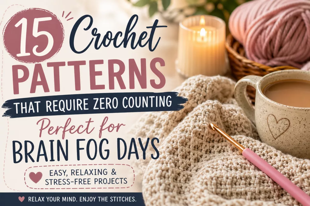 Cozy crochet flat lay with yarn, hook, and blanket alongside coffee and candle, featuring text “15 crochet patterns that require zero counting, perfect for brain fog days