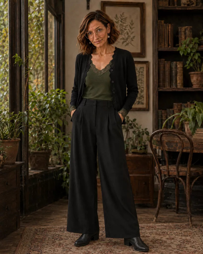 Petite mature woman wearing an olive lace-trim top, short black cardigan, black wide-leg trousers and black ankle boots.