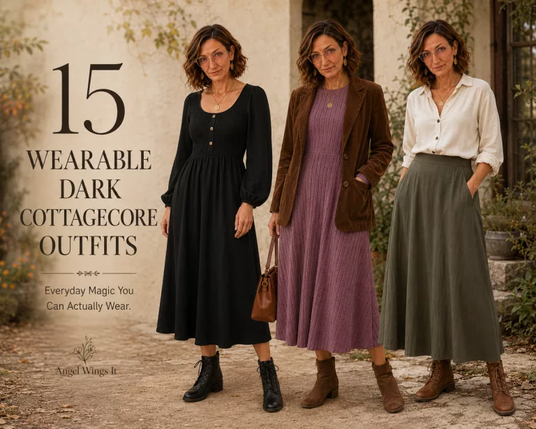 Petite mature woman modeling three practical dark cottagecore outfits in black, olive, plum and warm brown tones.