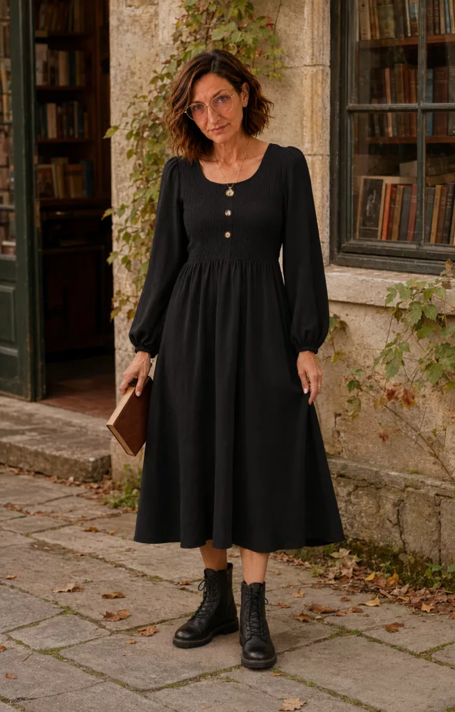 Petite mature woman wearing a flowing black midi dress with black lace-up ankle boots in a cozy cottage setting.