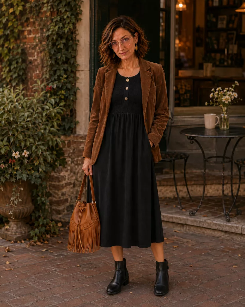 Petite woman styling a black midi dress with a brown corduroy blazer, cognac fringe bag and brown boots.