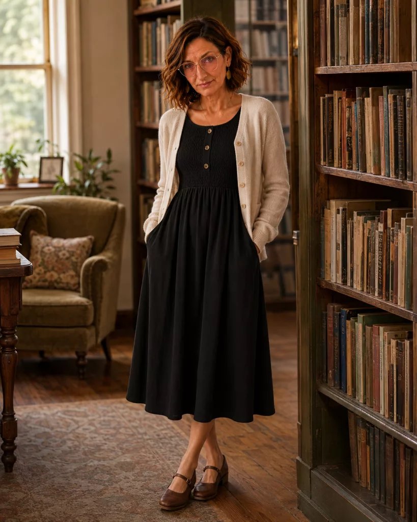 Petite mature woman wearing a black midi dress with a cream cardigan and brown Mary Jane shoes.