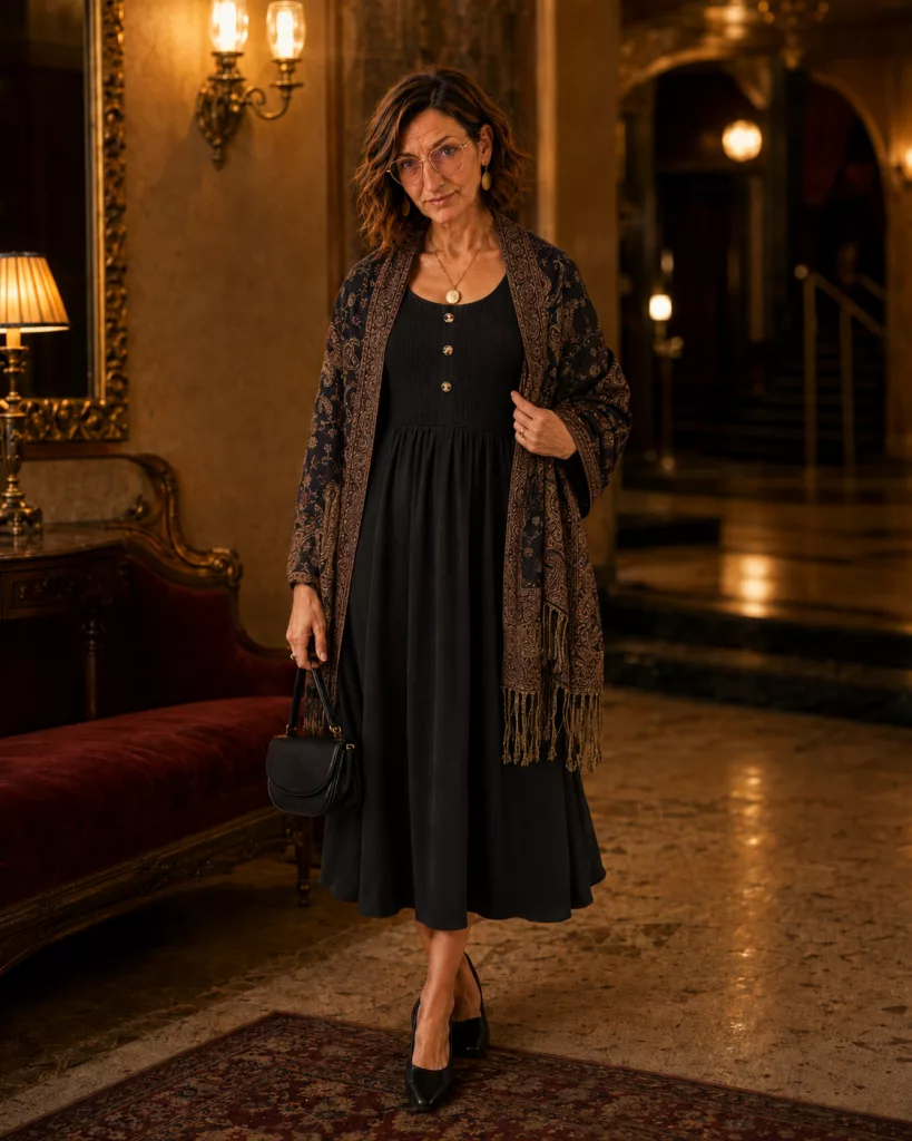 Petite woman wearing a black dress with a black and bronze paisley shawl, structured handbag and sleek black shoes.