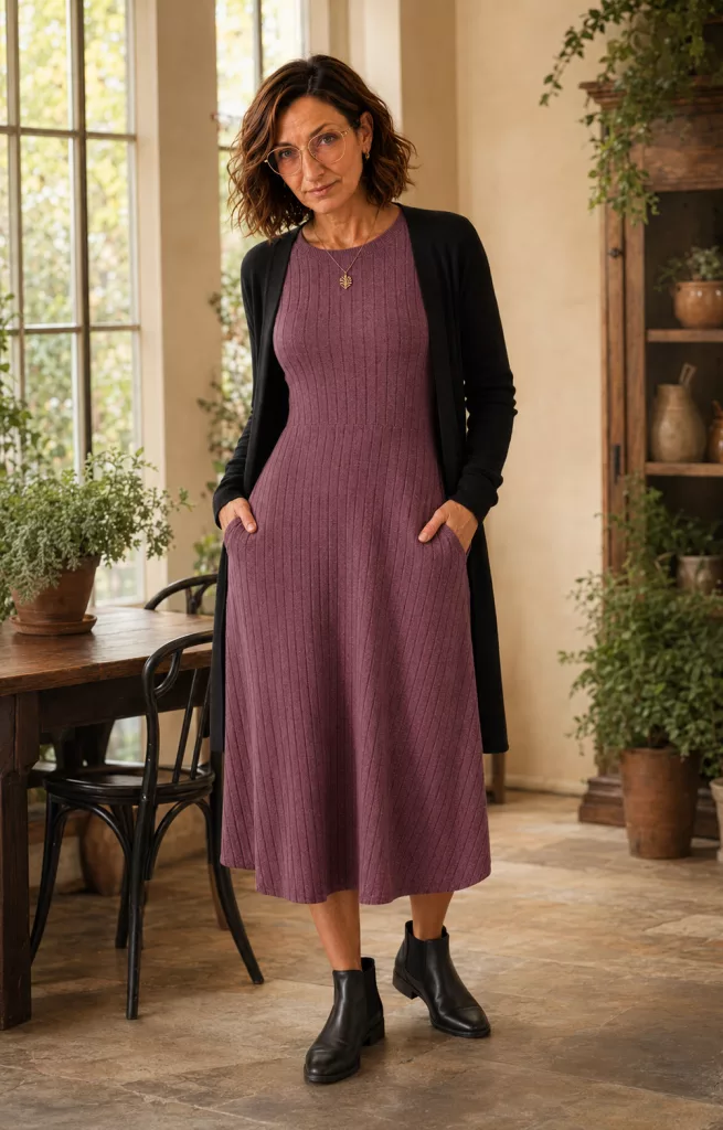 Petite mature woman styling a plum ribbed midi dress with a black cardigan, gold chain belt and black Chelsea boots.