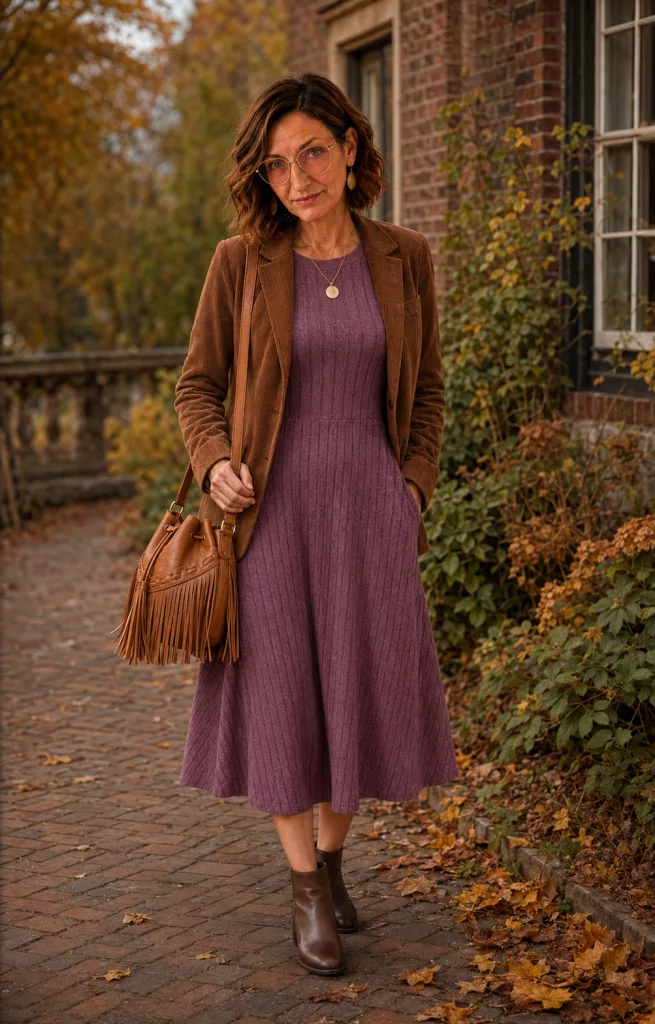 Petite woman wearing a plum midi dress with a brown corduroy blazer, brown boots and cognac fringe bag.