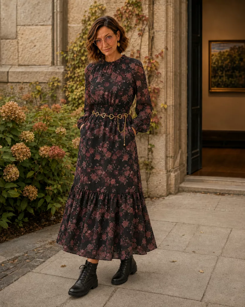 Petite mature woman wearing a dark rose floral midi dress with a delicate gold heart belt and black lace-up boots.