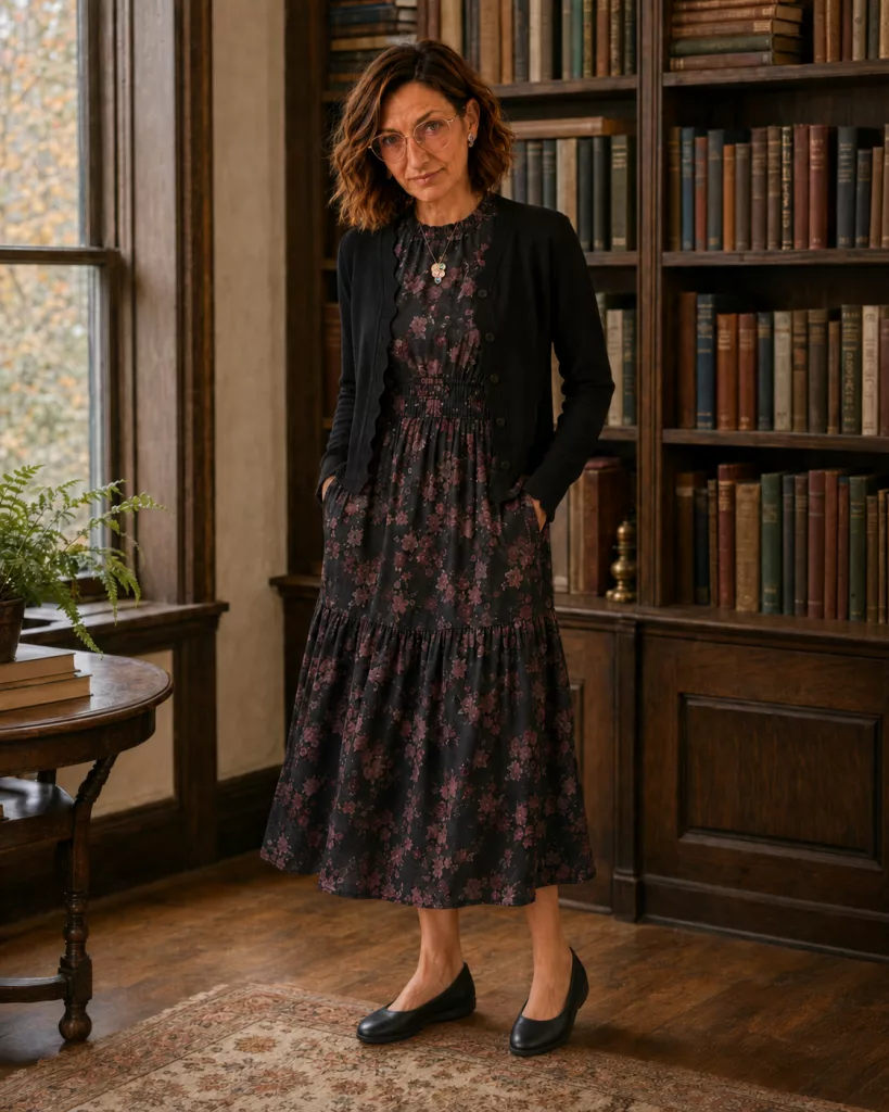 Petite woman styling a dark floral maxi dress with a short black cardigan, colorful jewelry and comfortable black flats.