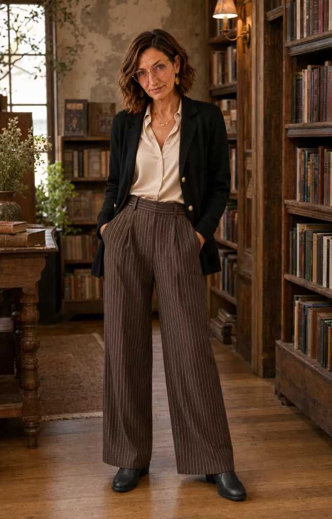Petite woman wearing a champagne satin blouse with brown pinstriped trousers, a black blazer and black ankle boots.