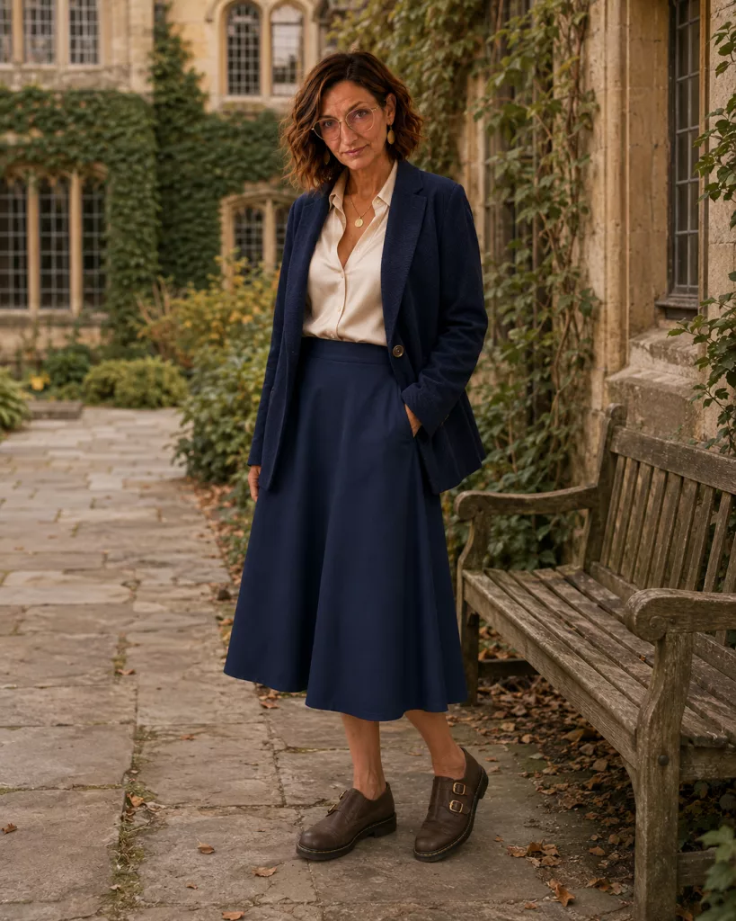 Petite mature woman styling a champagne blouse and navy midi skirt with a navy blazer and brown buckle shoes.