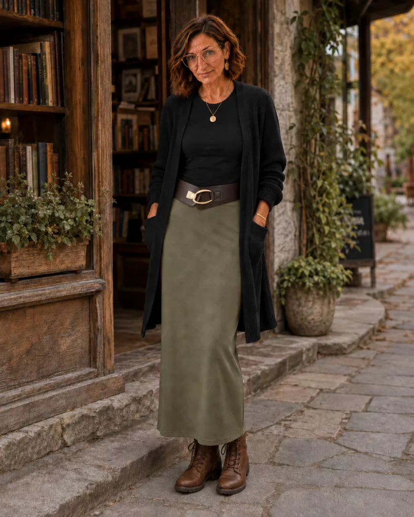 Petite woman wearing a black T-shirt, olive maxi skirt, long black cardigan, brown belt and brown lace-up boots.
