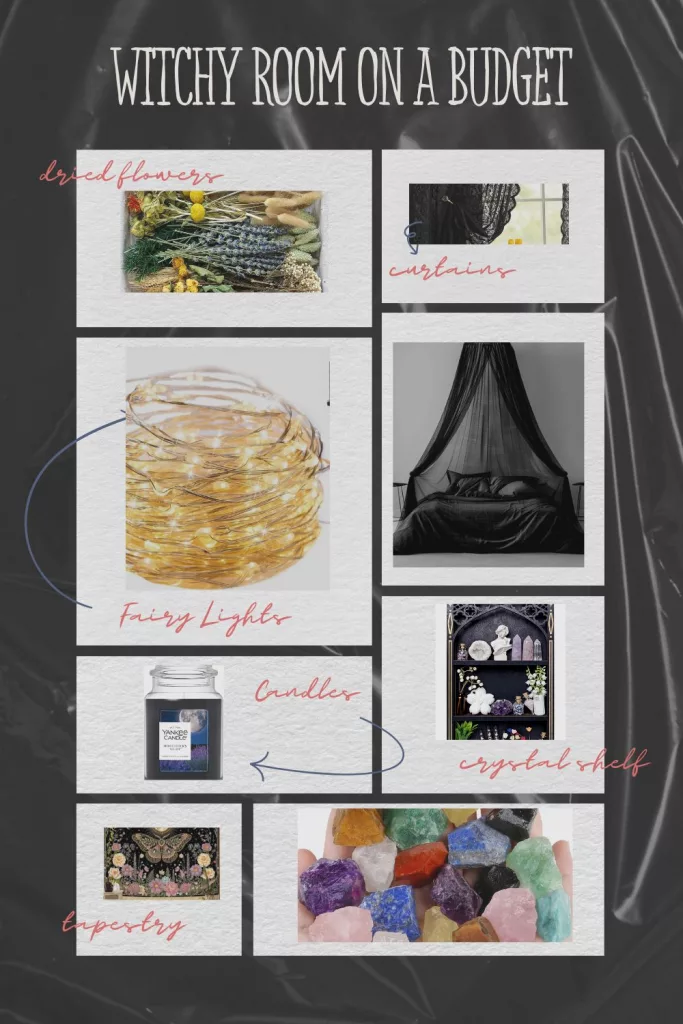 A flat lay or collage of witchy room decor items including a moon tapestry, LED candles, gothic crystal shelf, crescent moon mirror, and incense holder, totaling under one hundred dollars.
