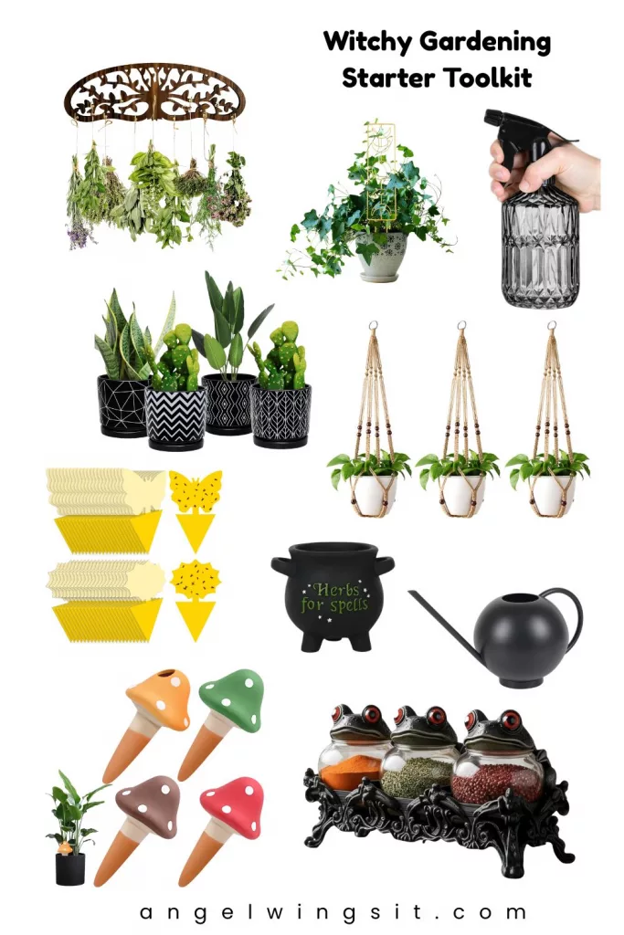 Collage of witchy gardening tools including pots, herb bundles, macrame hangers, a cauldron planter, and plant markers, styled for magical small‑space gardening.