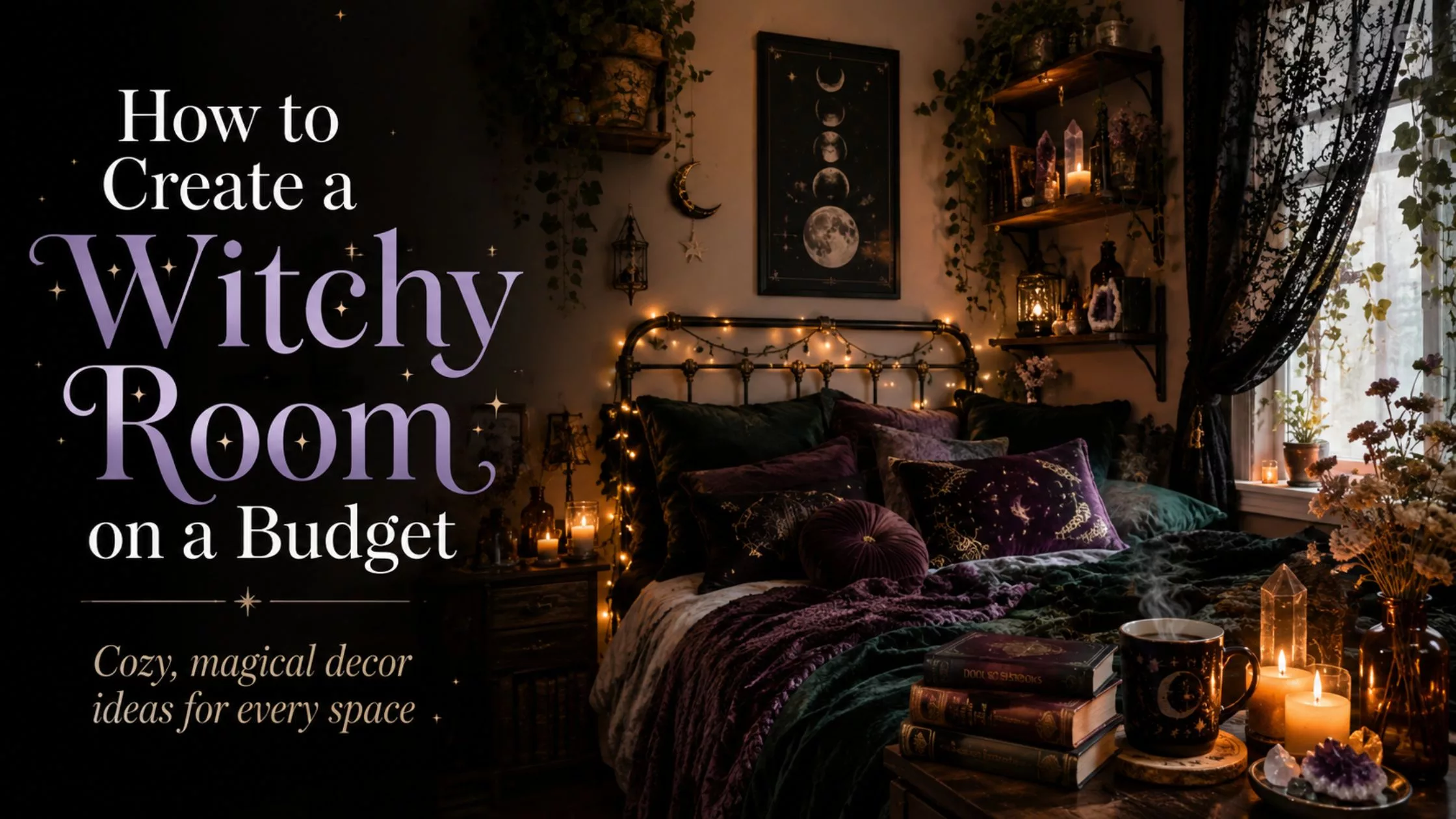 Dark witchy bedroom with purple walls, flickering candles, crystals on a gothic shelf, and a wrought iron bed frame with deep purple bedding — witchy room decor inspiration on a budget from Walmart