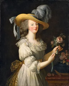 Portrait of Marie Antoinette in the scandalous 1783 white muslin chemise dress, an early historical example of the Cottagecore aesthetic and pastoral rebellion