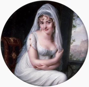 A classic portrait of Juliette Récamier reclining on a neo-classical sofa, wearing a simple white muslin dress that represents the early Cottagecore meaning of unbinding