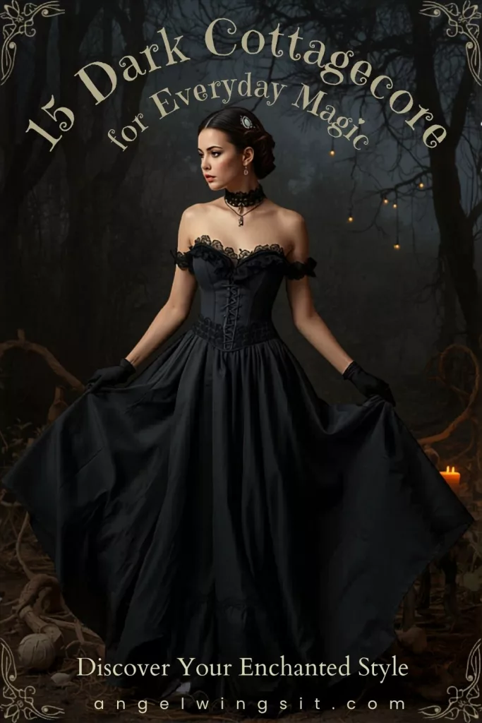 Woman wearing a black gothic cottagecore dress and combat boots in a twilight garden