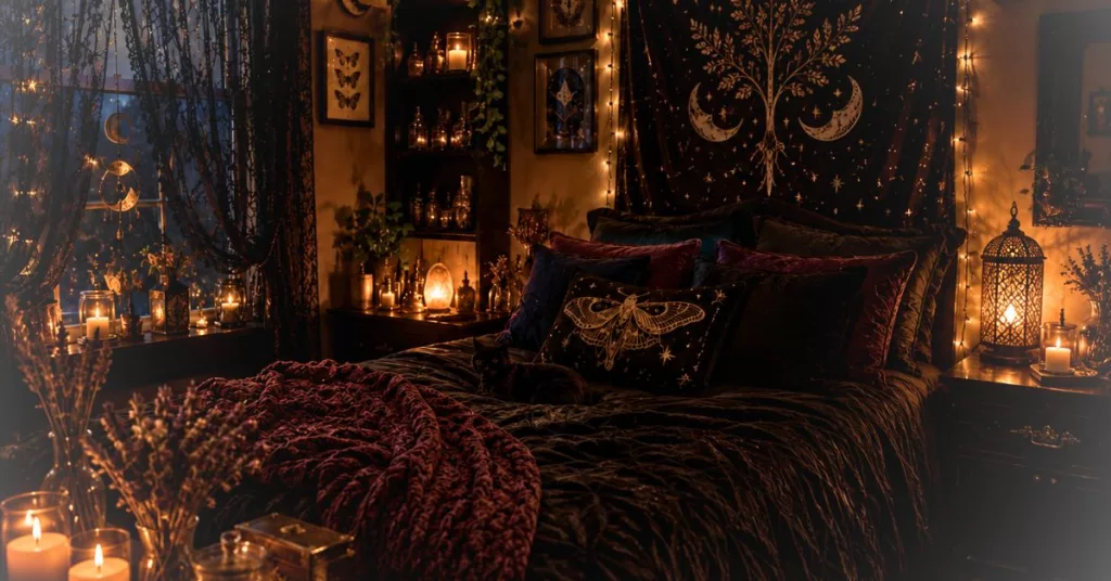 Cozy witchy bedroom aesthetic with dark cottagecore decor, warm fairy lights, flickering candles, and a moon phase tapestry.