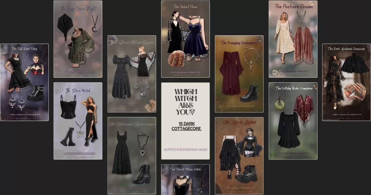 A collage of 15 dark cottagecore outfits lookbook cards titled Which Witch Are You featuring gothic dresses, velvet corsets, lace shawls, platform boots, and celestial jewelry styled into themed outfits including The Velvet Moon Witch, The Storm Witch, The Poetcore Dream, The Dark Floral Queen, and The Full Dark Fairy, each with a moody atmospheric background in blacks, purples, and dark florals.