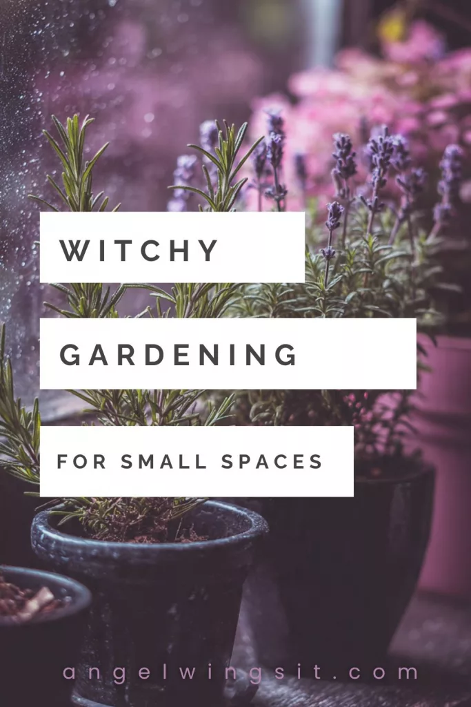 Indoor herb garden with lavender and rosemary on a rainy windowsill, styled for a witchy gardening theme with text overlay.