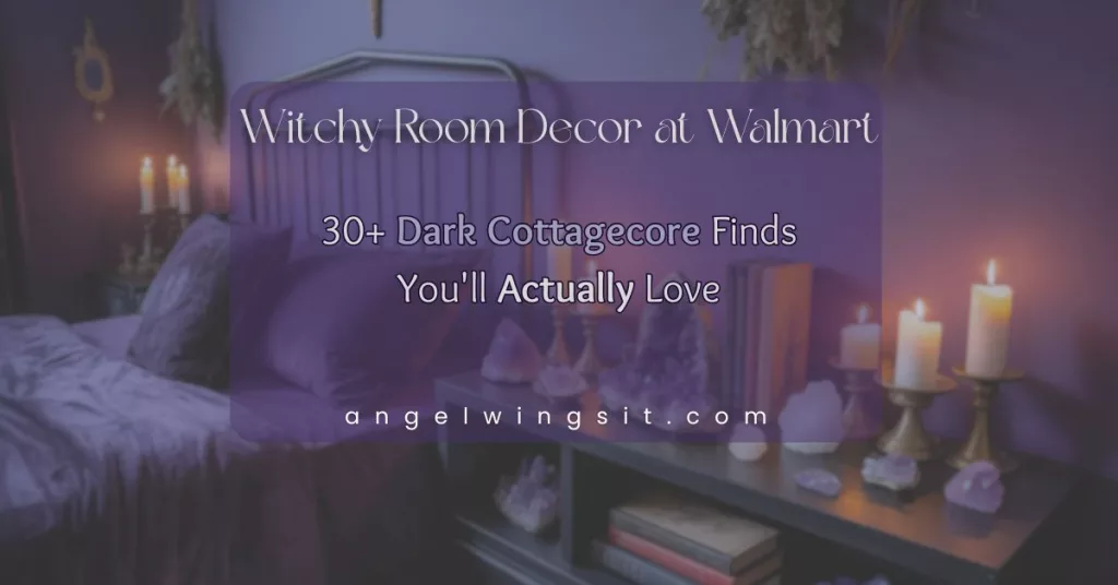Dark witchy bedroom with purple walls, flickering candles, crystals on a gothic shelf, and a wrought iron bed frame with deep purple bedding — witchy room decor inspiration on a budget from Walmart