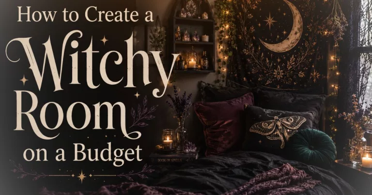 Budget-friendly witchy room aesthetic with dark cottagecore decor, a moon phase tapestry, and gothic crystal shelves.