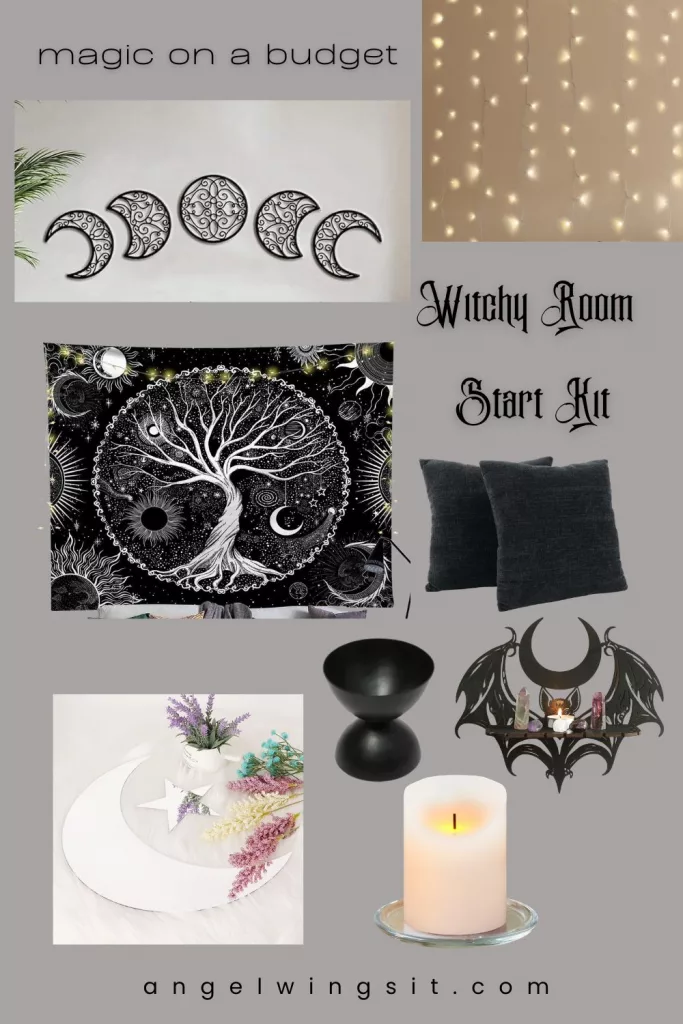 A Pinterest Pin titled "Witchy Room Start Kit" featuring a collage of gothic home decor items: a moon phase wall hanging, a tree of life tapestry, a black bat-shaped crystal shelf, crescent moon mirrors, and flickering flameless candles on a grey background.