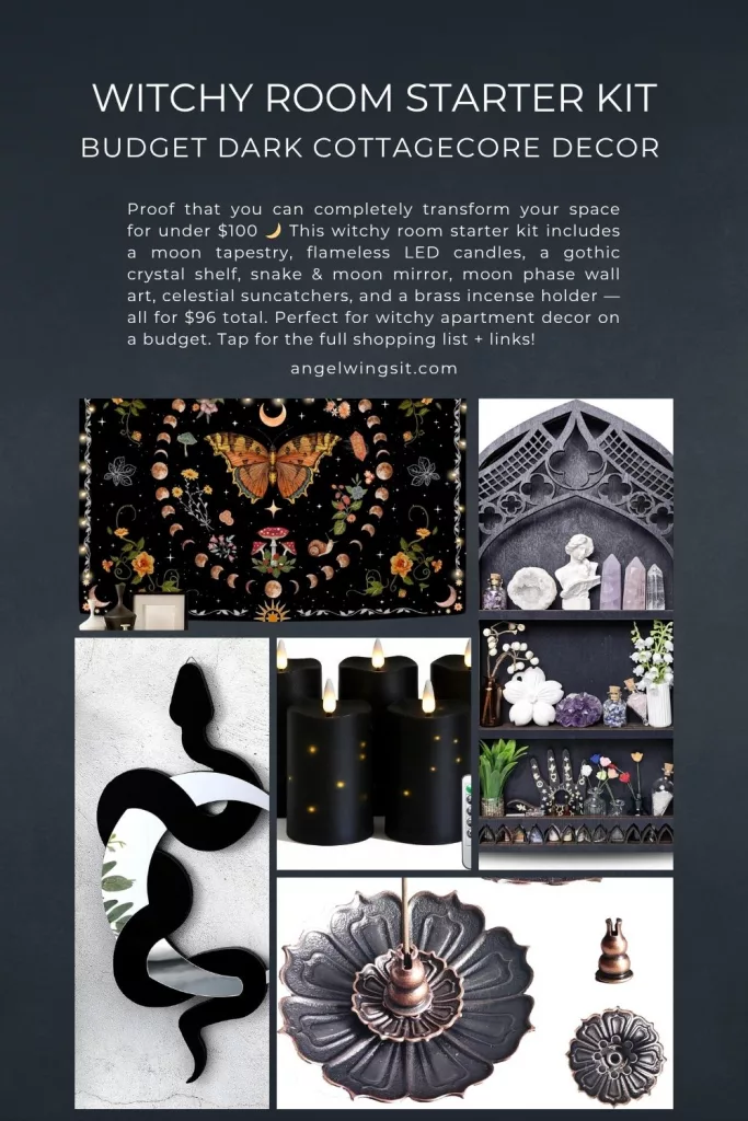 A flat lay or collage of witchy room decor items including a moon tapestry, LED candles, gothic crystal shelf, crescent moon mirror, and incense holder, totaling under one hundred dollars.