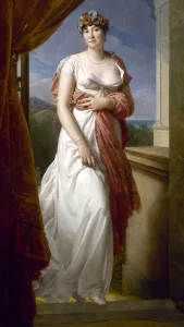 Portrait of Terézia Tallien with short 'coiffure à la victime' hair and a sheer white gown, symbolizing the liberation of the female silhouette