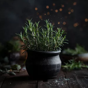 Rosemary plant in a matte black pot with warm bokeh lighting, styled for a cozy witchy gardening aesthetic.