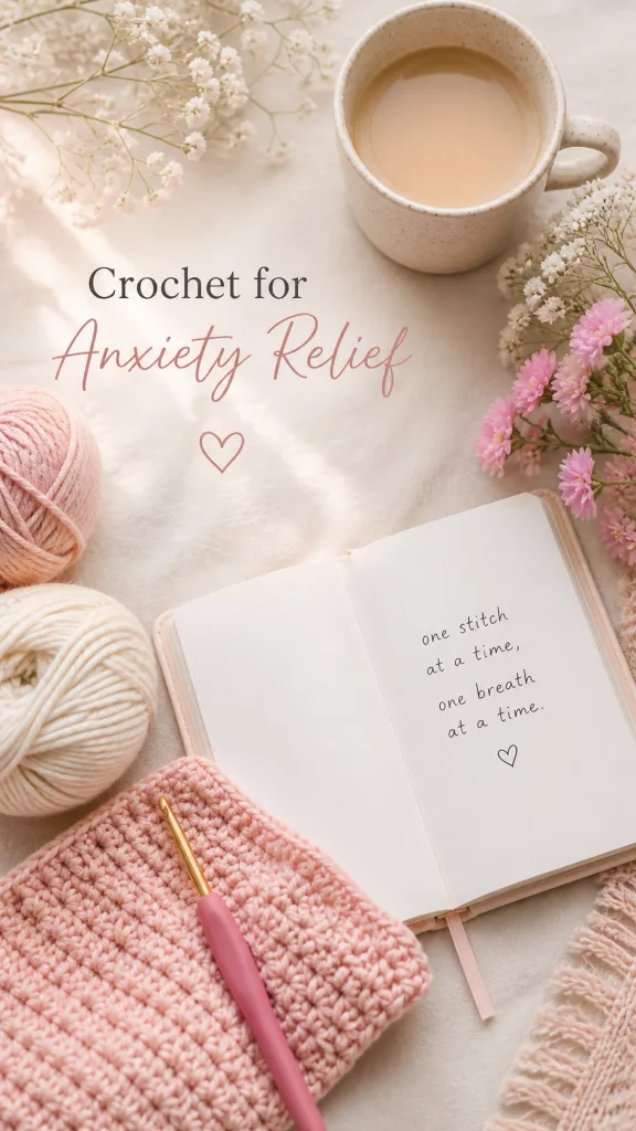 A close-up, overhead shot of a pink crochet hook resting on a light purple and blue textured crochet project, with a measuring tape and a ball of yarn partially visible in the background.