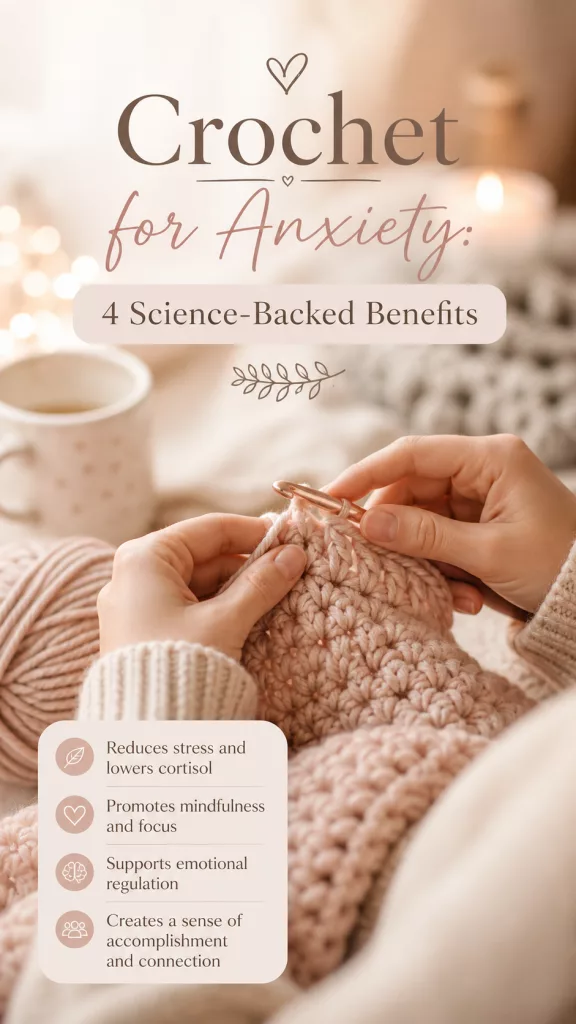 A vertical graphic titled "Crochet for Anxiety: 4 Science-Backed Benefits" featuring a person's hands crocheting with soft pink yarn. The image includes four bullet points highlighting benefits: reduces stress, promotes mindfulness, supports emotional regulation, and creates a sense of accomplishment.