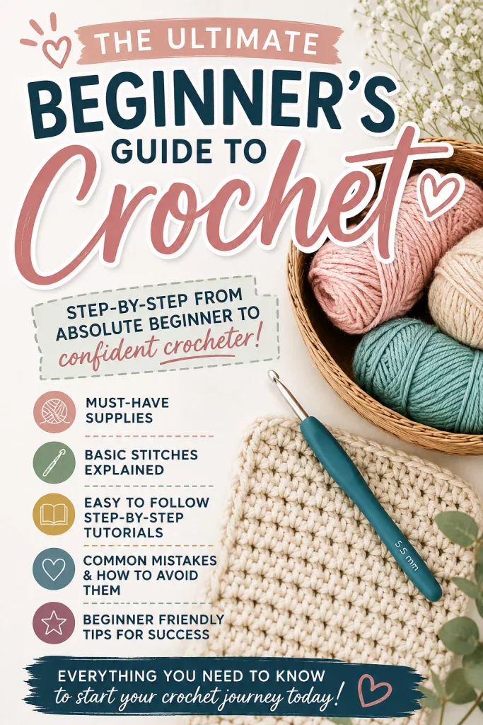 A whimsical and rustic flat lay featuring the title "The Ultimate Beginner's Guide to Crochet" in a script font. The image displays soft yarn cakes in muted pink, cream, and sage green, alongside a crochet hook and measuring tape on a textured white background.
