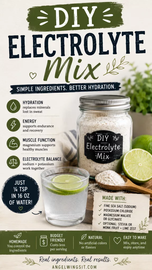 A vertical Pinterest pin graphic with the main title DIY Electrolyte Mix in large white letters against a dark green textured block. The graphic includes text sections detailing benefits: hydration replaces minerals lost in sweat, energy supports endurance and recovery, muscle function with magnesium, and electrolyte balance with sodium and potassium. The bottom features a photograph of a glass mason jar filled with the homemade powder sitting next to a sliced green lime.