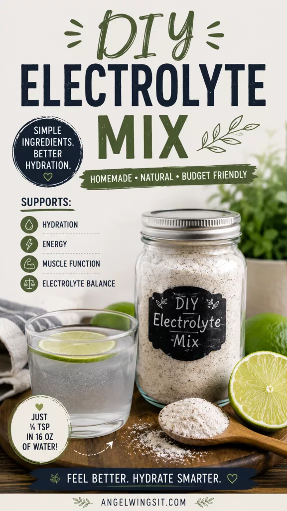 A vertical Pinterest pin graphic featuring the text DIY Electrolyte Mix in large bold letters over a blurred green background. A small black circle on the left includes the text SIMPLE INGREDIENTS BETTER HYDRATION with a small heart icon. A bottom green banner displays the words HOMEMADE, NATURAL, and BUDGET FRIENDLY.