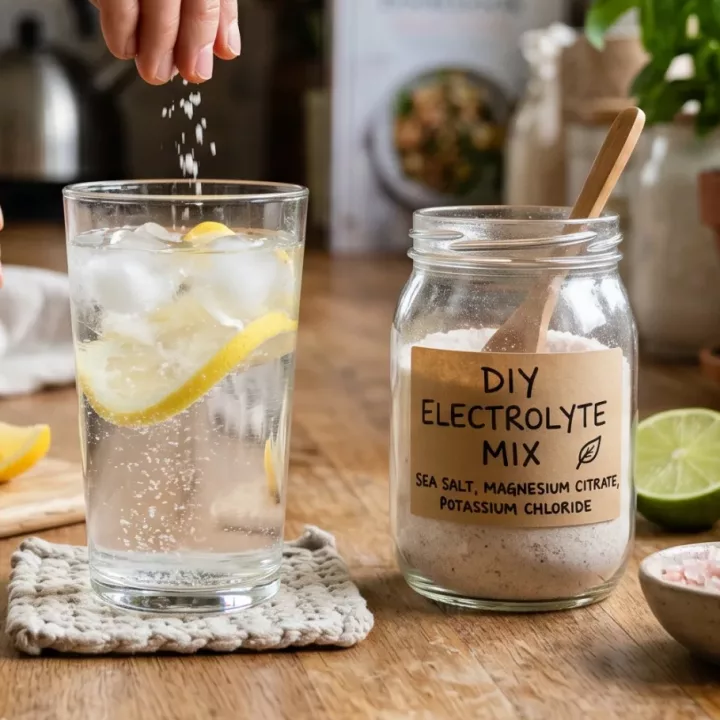 A small glass jar filled with a white powder mixture of fine sea salt, potassium chloride, and magnesium powder, sitting on a wooden surface next to fresh lime slices and a wire whisk.