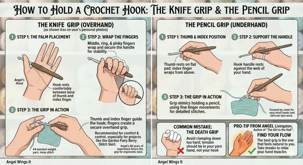 An educational infographic titled "How to Hold a Crochet Hook: The Knife Grip & The Pencil Grip." The left side illustrates the Knife Grip (overhand), showing the hook resting between the thumb and index finger with other fingers wrapping for stability. The right side illustrates the Pencil Grip (underhand), showing the hook held like a pencil for detailed movements. Includes a "Common Mistake" section highlighting the "Death Grip" and a "Pro-Tip" from Angel Livingston encouraging readers to find their own natural flow in the crochet for beginners infographic.