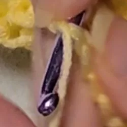 A purple crochet hook pulling up a loop of bright orange yarn to show three loops on the hook.