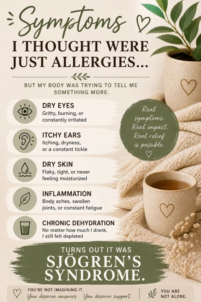 An infographic layout titled "Symptoms I Thought Were Just Allergies... But my body was trying to tell me something more." The graphic features a minimalist aesthetic with a potted plant and a warm beverage. It lists four key symptoms with custom icons: "Dry Eyes" (gritty, burning, or constantly irritated), "Itchy Ears" (itching, dryness, or a constant tickle), "Dry Skin" (flaky, tight, or never feeling moisturized), and "Inflammation" (body aches). A central circular callout reads: "Real symptoms. Real impact. Real relief is possible."