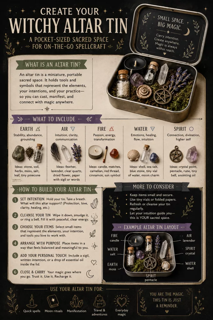 A black rectangular graphic titled "Create Your Witchy Altar Tin" featuring a small, open hinged metal container resembling an Altoids tin. The tin's interior is dark with moon and branch graphics, and a small message reads "Small Space, Big Magic. Carry intention." The background of the graphic includes a delicate crescent moon, celestial stars, and botanical illustrations.