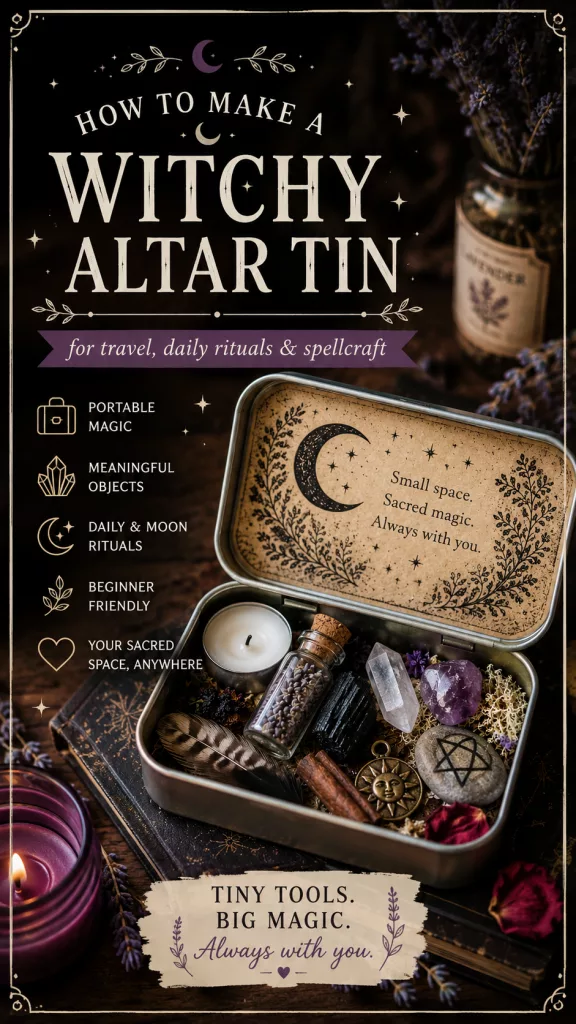 Infographic titled Create Your Witchy Altar Tin showing a small pocket altar with moon and botanical graphics.