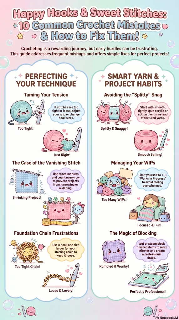 Infographic showing common crochet for beginners mistakes