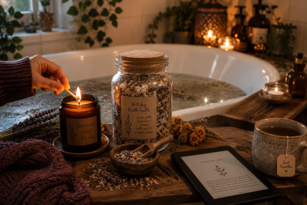 Creating a calming bath ritual with candles and homemade bath salts.
